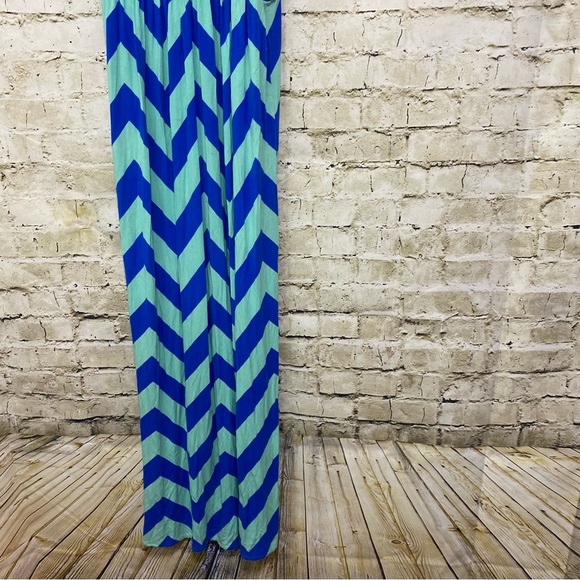 J Crew Blue Green Chevron Print V Neck Sleeveless Maxi Dress - Picture 2 of 7
